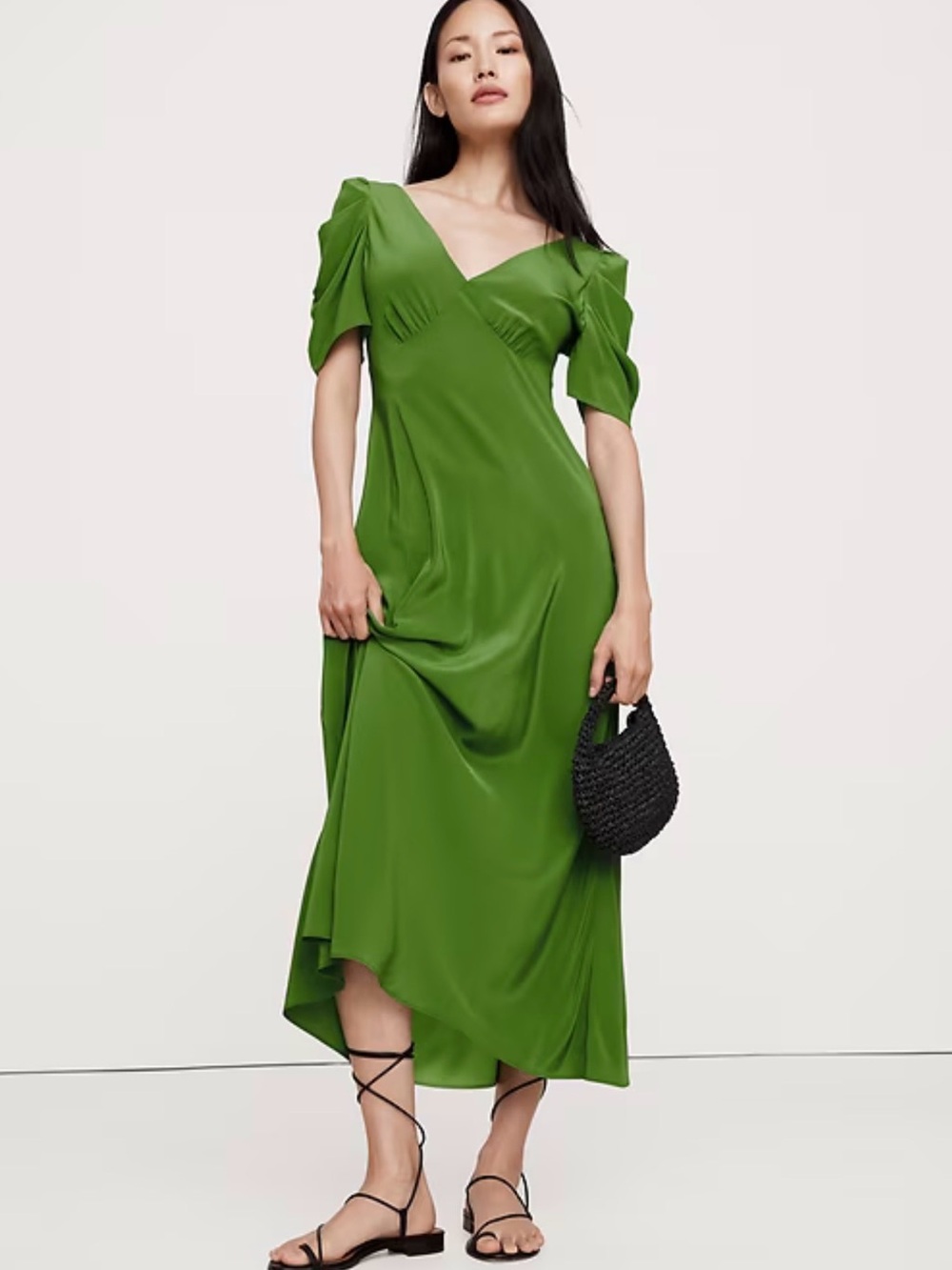 NWT Banana Republic Bright Olive Green Puff-Sleeve Maxi Dress 100% Silk